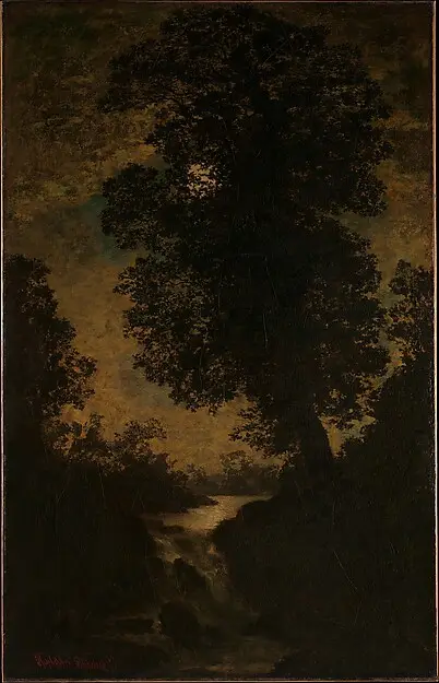 A dark forest of tall trees with a faint waterfall lit by moonlight