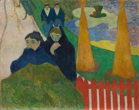 Women in dark shawls on a golden field