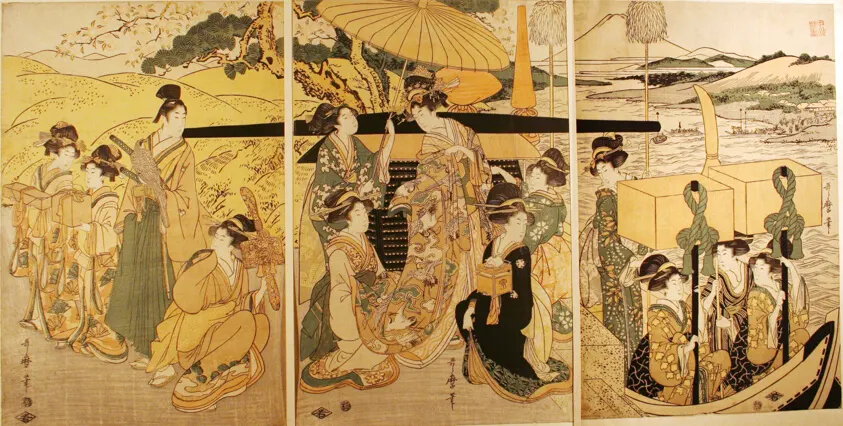 Women in patterned kimono waiting at a river crossing, three-panel print
