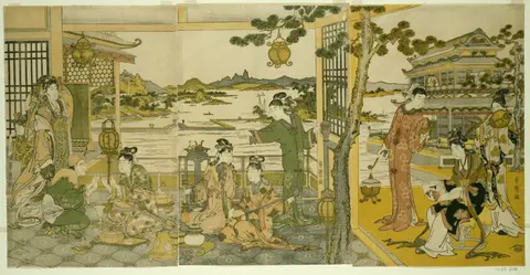 Figures in patterned robes gathered around a banquet table