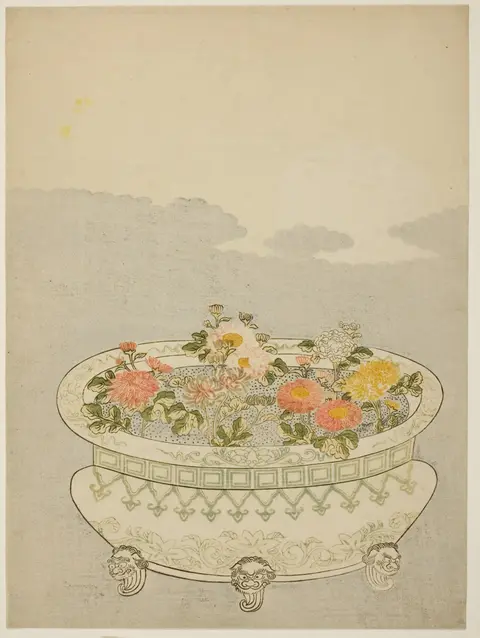 A woman arranging chrysanthemums beside a rising moon