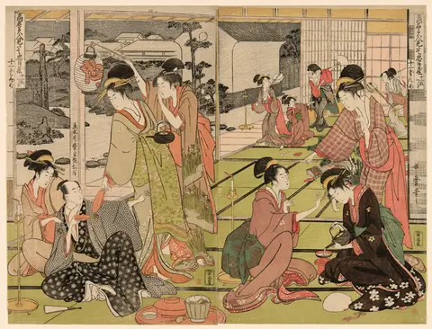 Two women in kimono posed as kabuki characters indoors