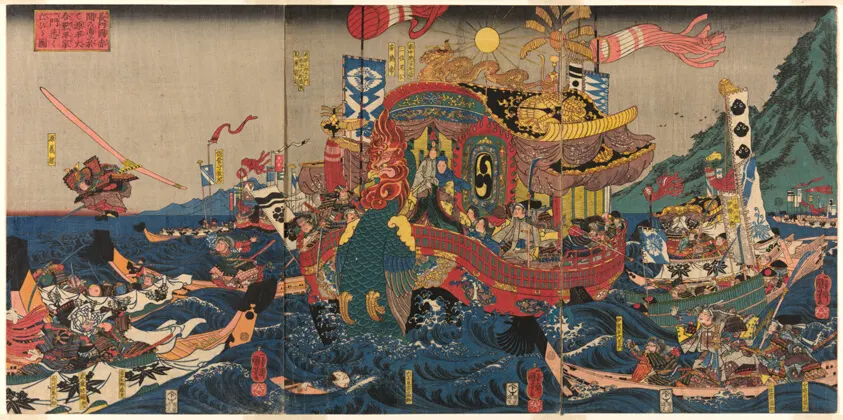 Warriors and horses in battle on a beach with burning ships