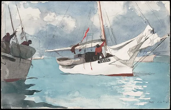 White sailboats on pale blue water with crew members on deck