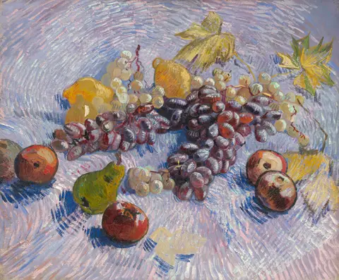 A still life of fruit in thick, colorful brushstrokes