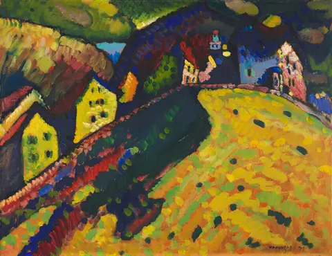 Rooftops and hillside in bold unmixed patches of color