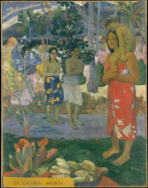 Standing figures in a green tropical setting with a woman in a red wrap and fruit at her feet