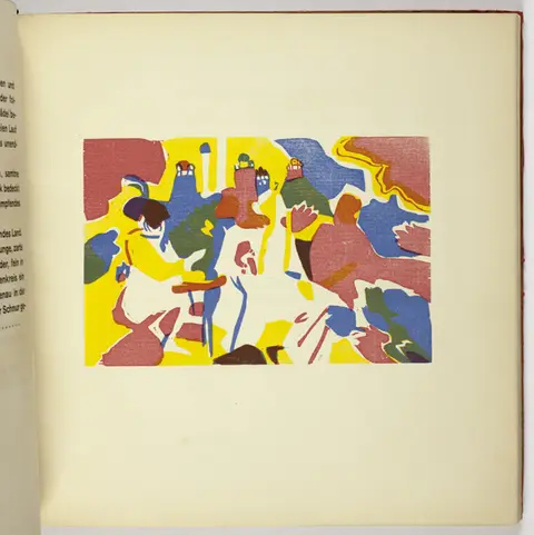 A woodcut of loosely defined figures in bold flat color