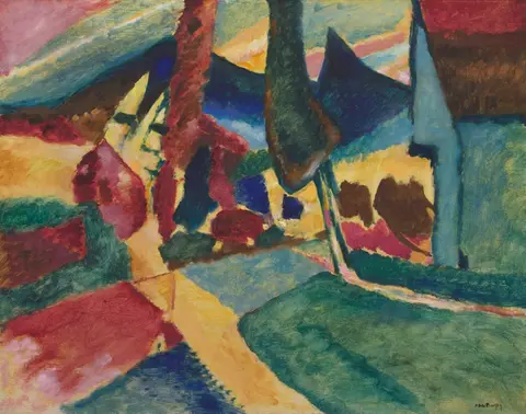 Trees and hillside in loose bands of orange, green, and blue