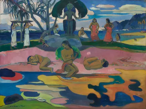 Figures on a Tahitian beach with a golden idol