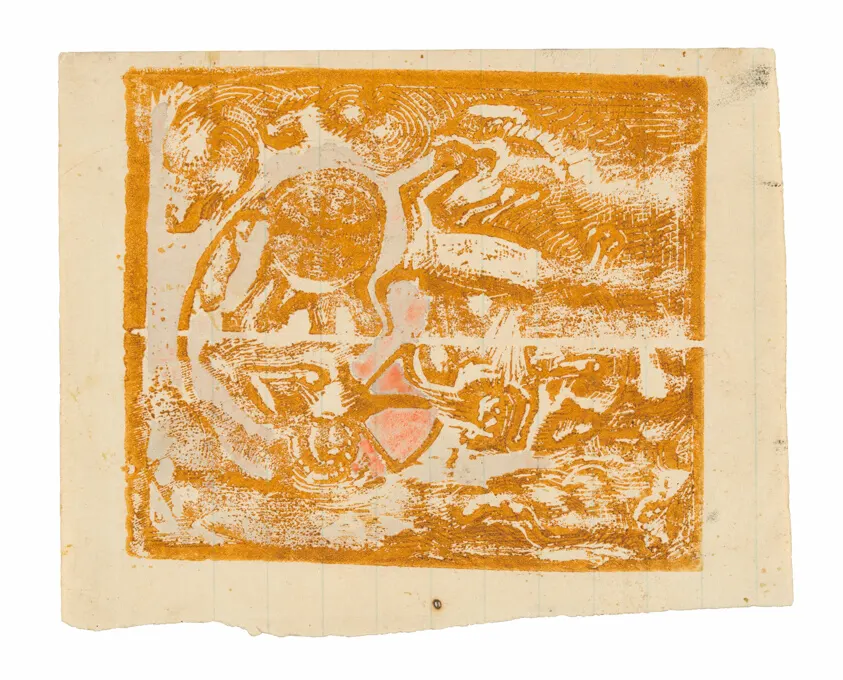 Stylized human and animal figures in ochre and blue-gray
