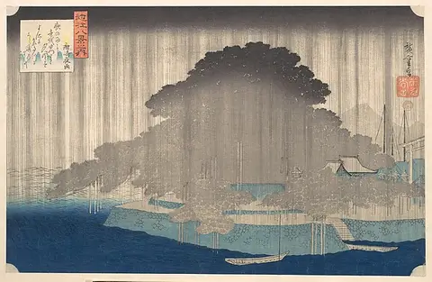 A heavy dark rain cloud above a pine tree and a strip of blue lake water
