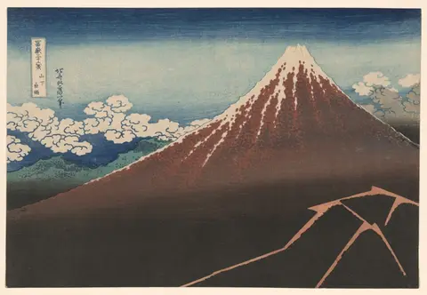 Mount Fuji in dark silhouette under a lightning bolt and stormy sky