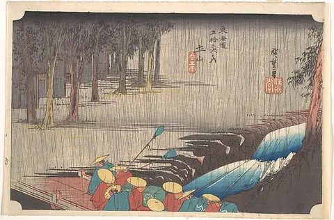 Travelers in colorful hats crossing a rushing blue river beneath rain-streaked trees