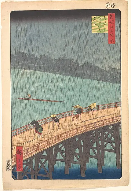 People hurrying across a wooden bridge in heavy rain over a deep blue river