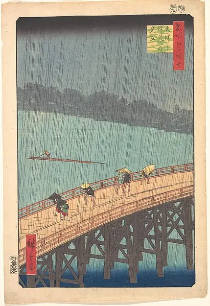 People hurrying across a wooden bridge in heavy rain over a deep blue river