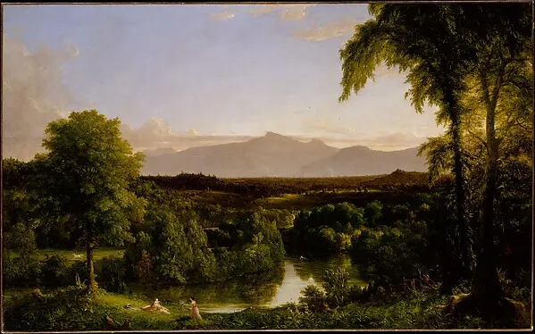 A river winding through a valley under a stormy sky with dark trees in front