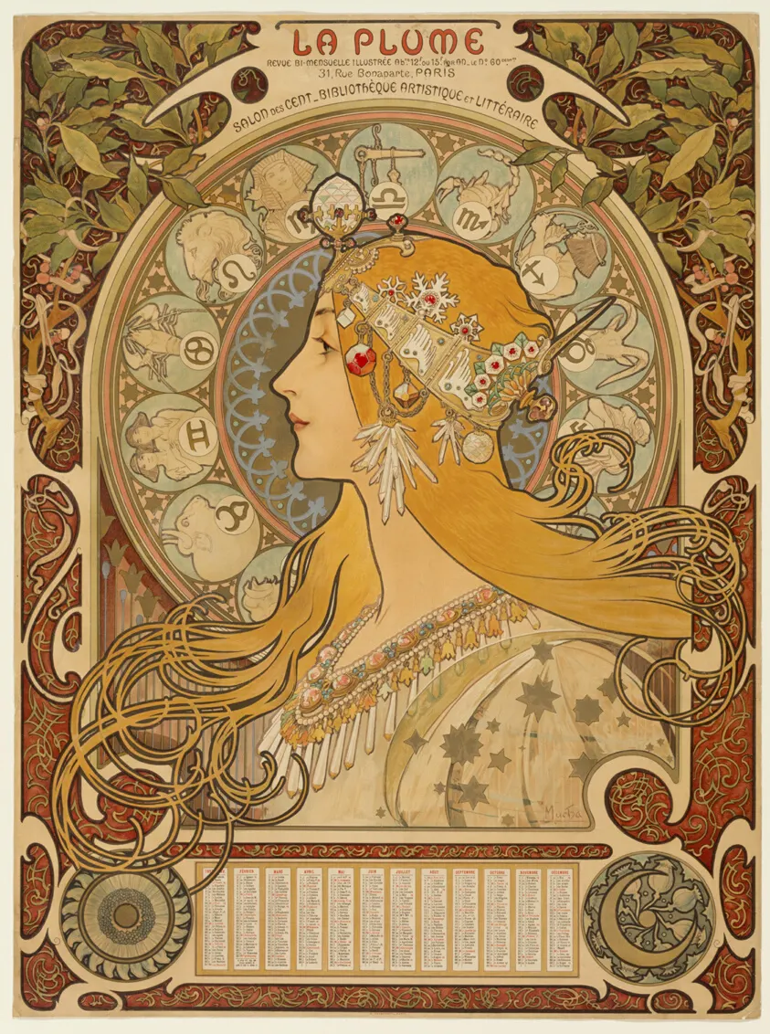 A woman in profile framed by a zodiac-patterned halo