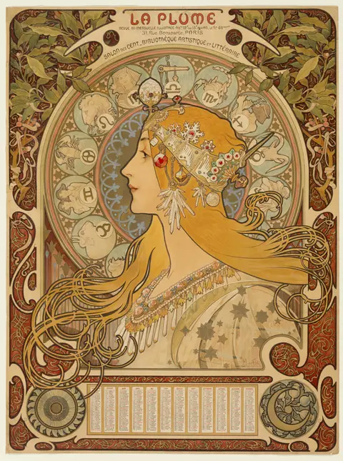 A woman in profile framed by a zodiac-patterned halo